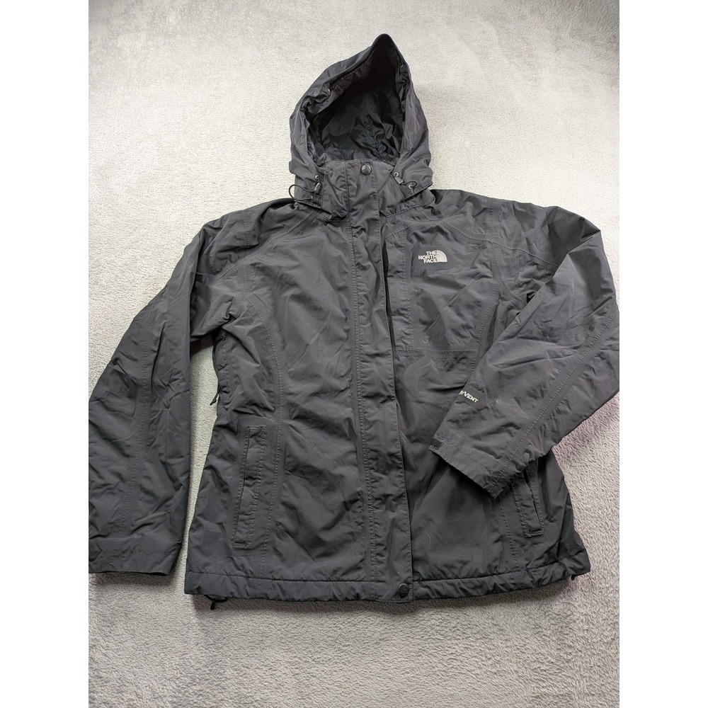 The North Face Womens HyVent Black Fleece Lined Waterproof Hooded Rain Jacket L